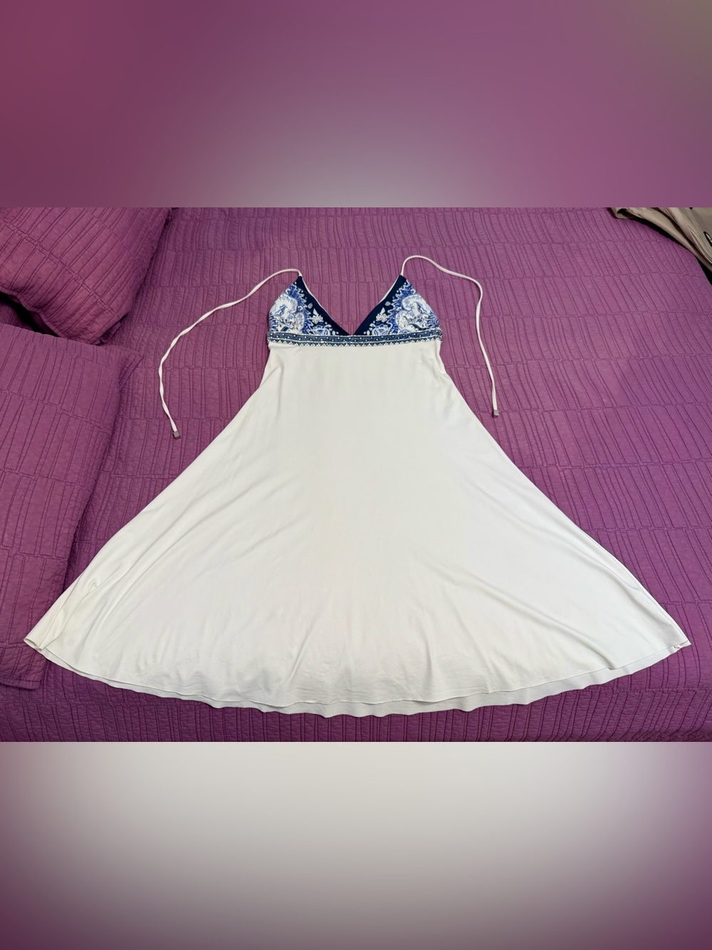 VDP Beach White A-Line Slip Dress with Blue Paisley Bodice & Swarovski Crystals